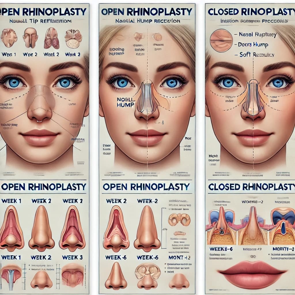 Before-and-after rhinoplasty results showing nasal tip refinement and dorsal hump reduction.