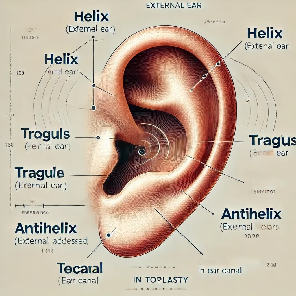 Human ear anatomy labeling key external components.