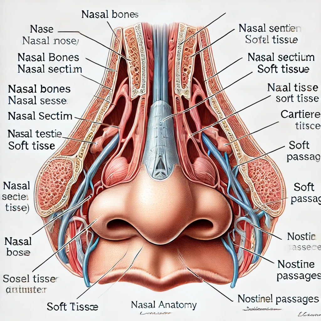 Nasal anatomy showing nasal bones, nasal septum, cartilage, and soft tissue.