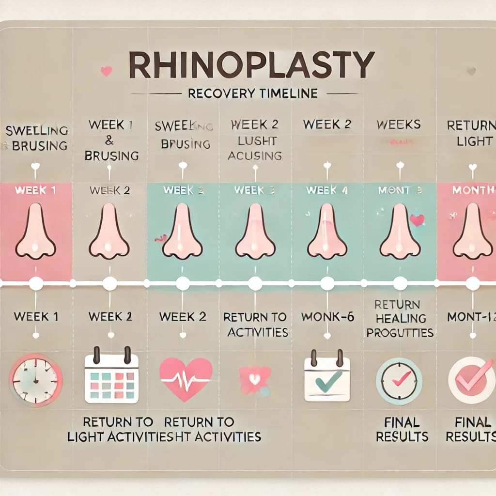 Recovery timeline for rhinoplasty. 