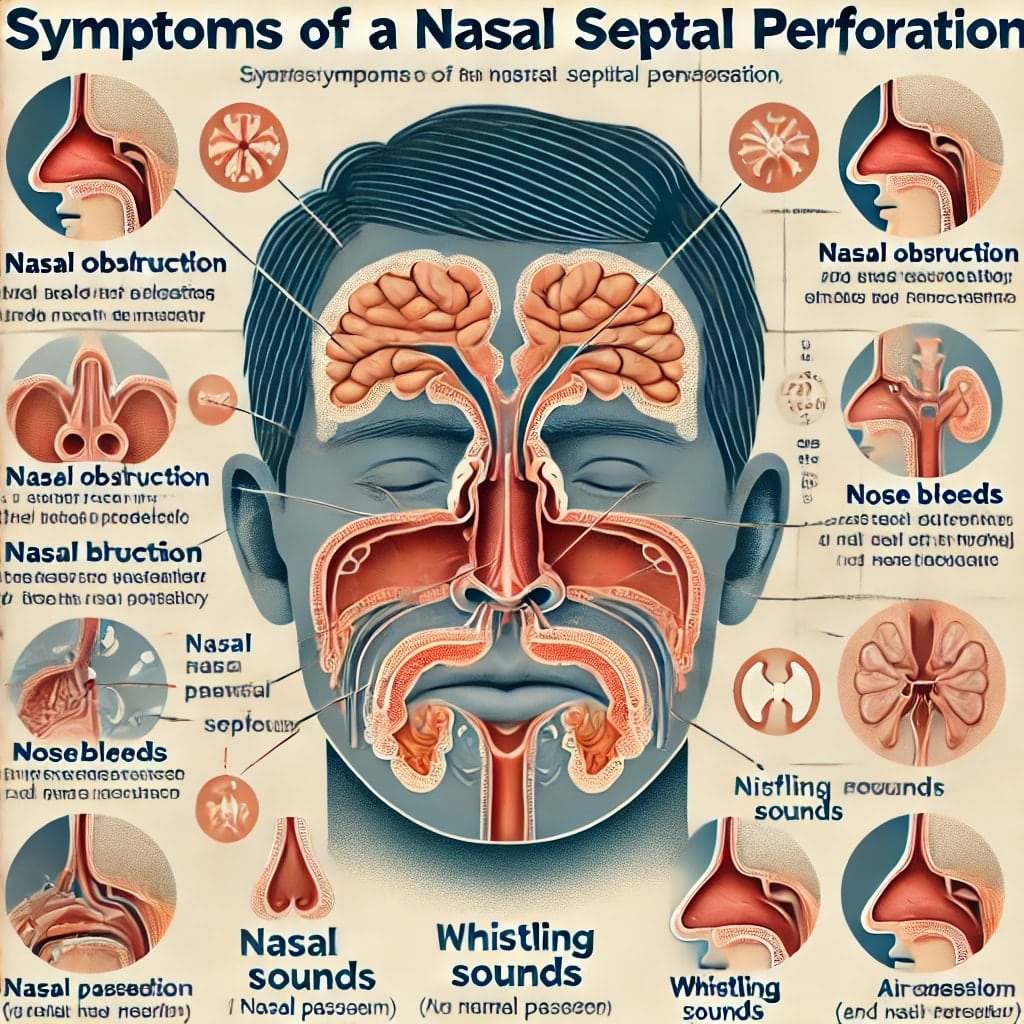 Symptoms of a nasal septal perforation.