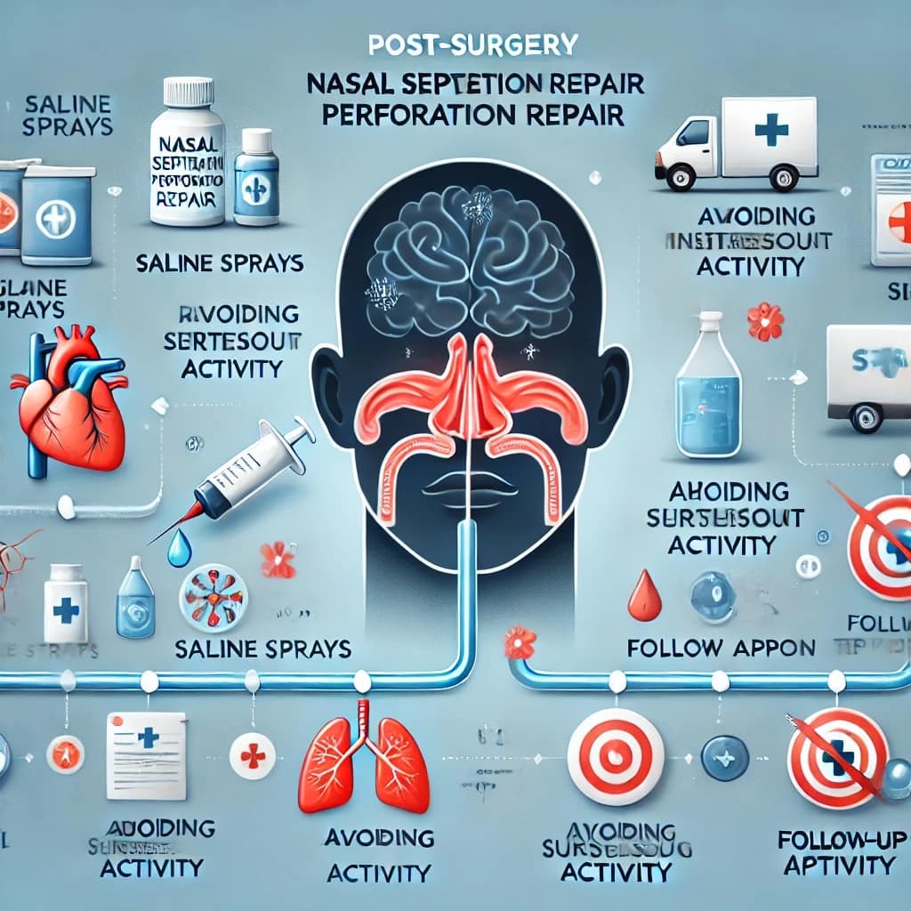 Post-surgical recovery process for nasal septal perforation repair.