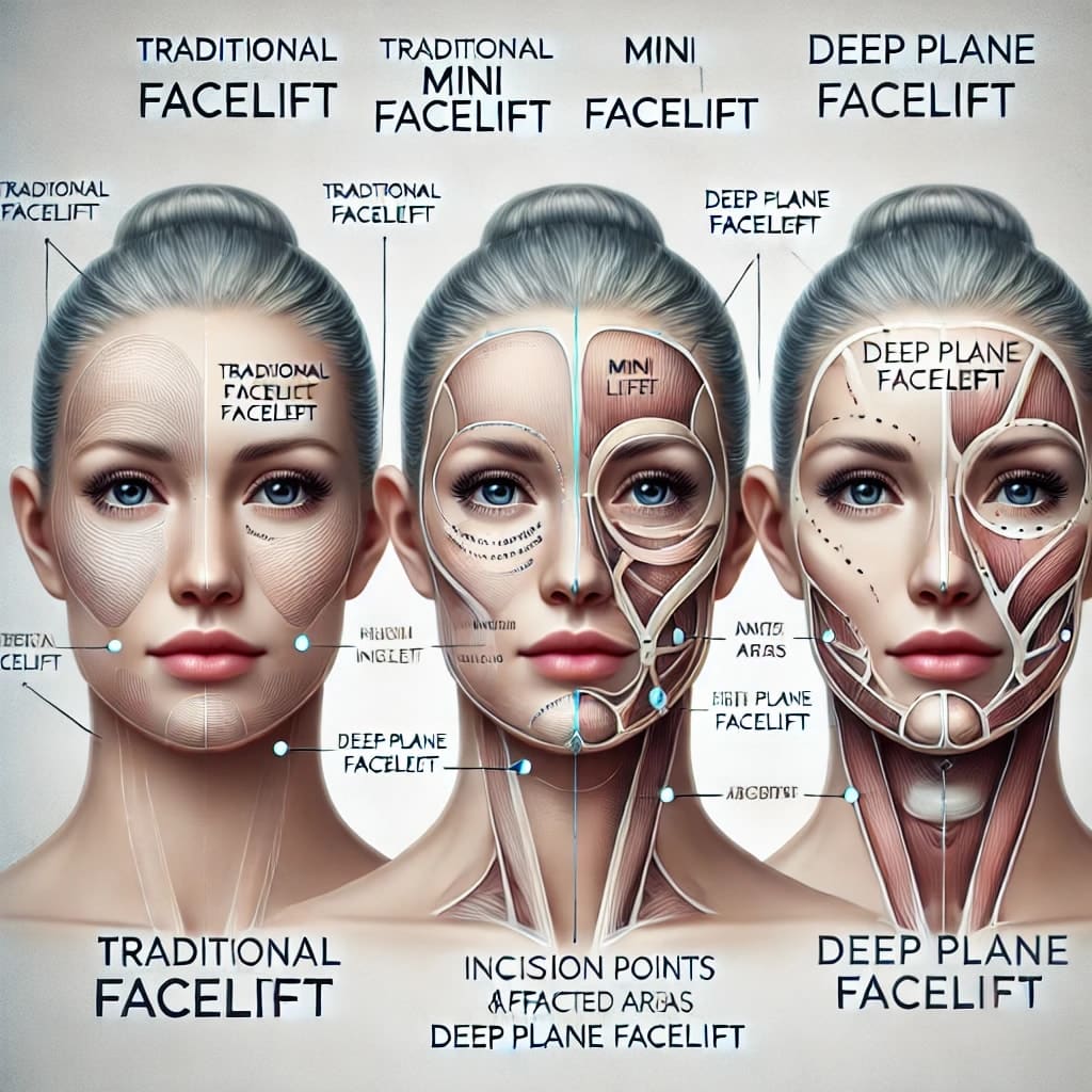 Traditional facelift, mini facelift, and deep plane facelift.