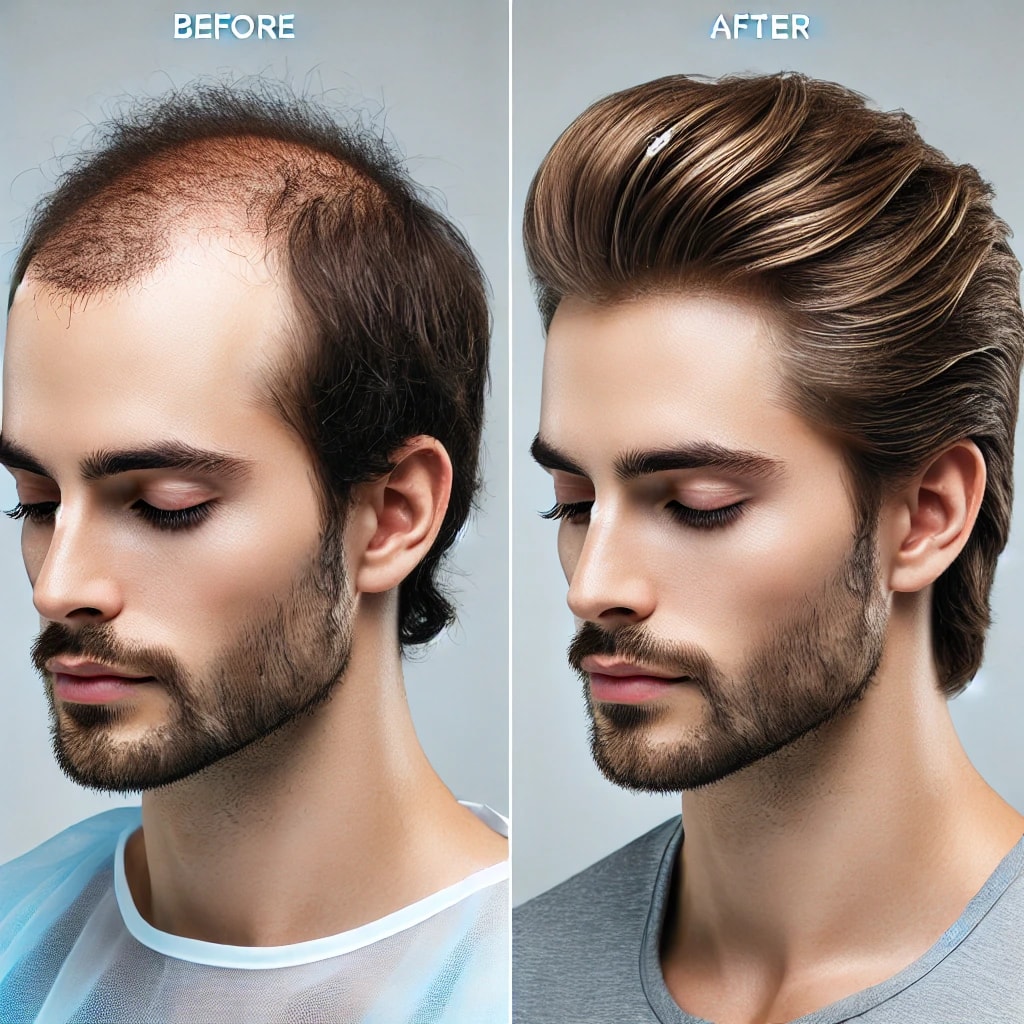 Before-and-after comparison for the hair transplant procedure. 