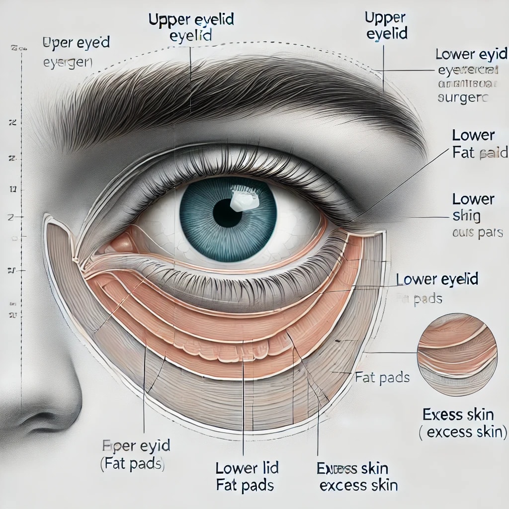 The human eye showing anatomy relevant to eyelid surgery.