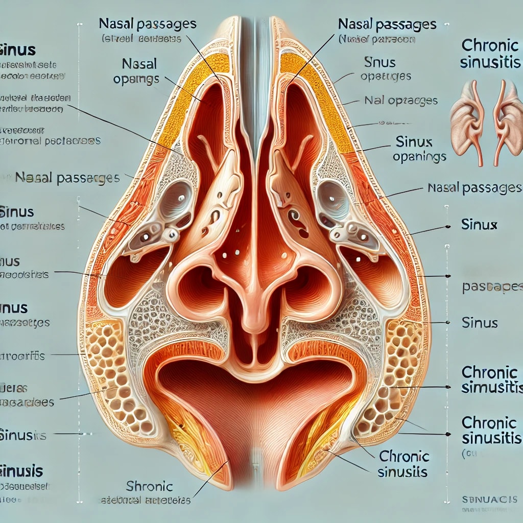 Sinus cavity, highlighting blocked sinus passageways and areas affected by chronic sinusitis.