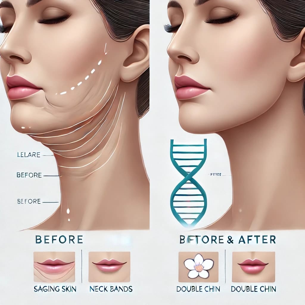 Before-and-after comparison of neck lift surgery results.