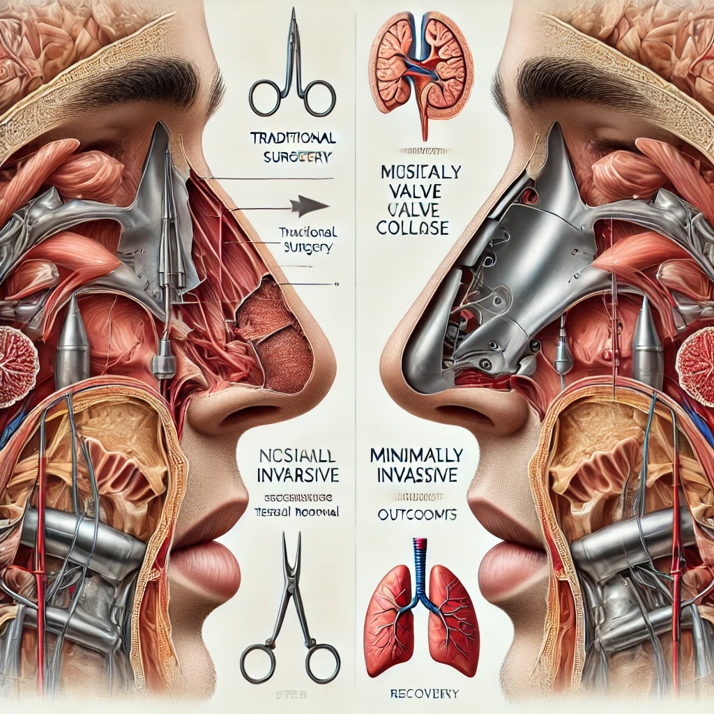 Comparison traditional nasal surgery and minimally invasive nasal valve collapse surgery.