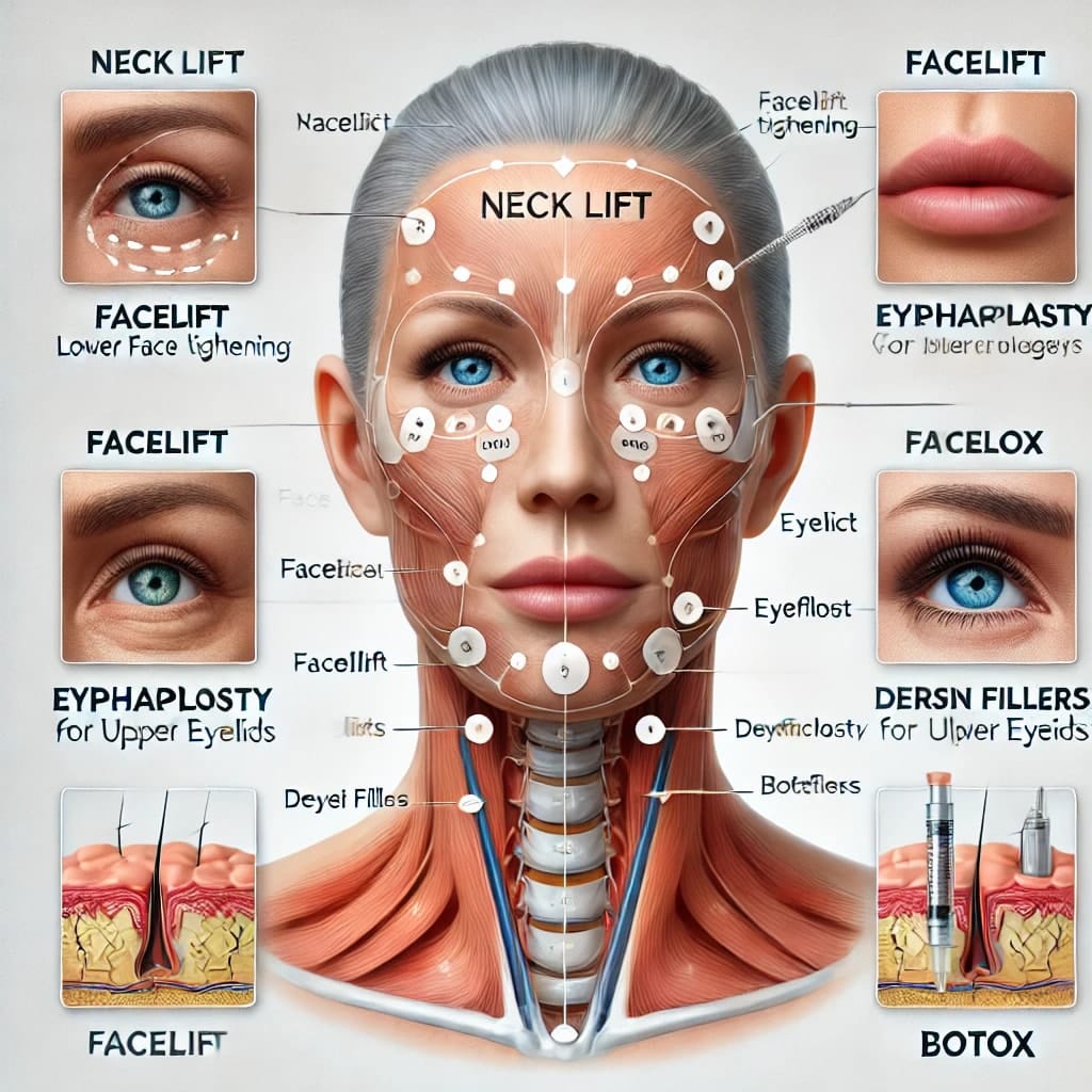 Neck lift surgery combined with facelift, eyelid surgery, dermal fillers, and Botox.