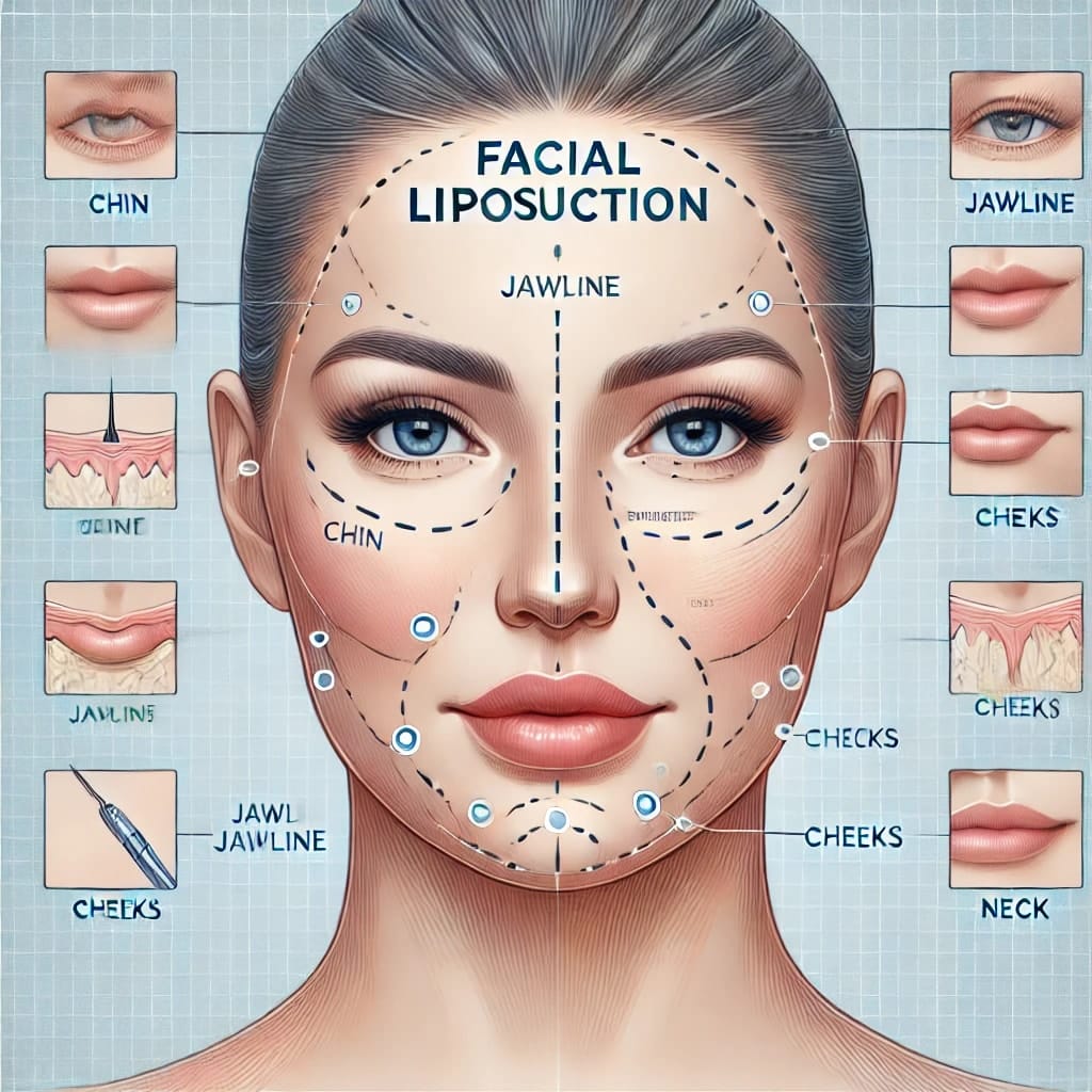 Facial liposuction treatment areas.