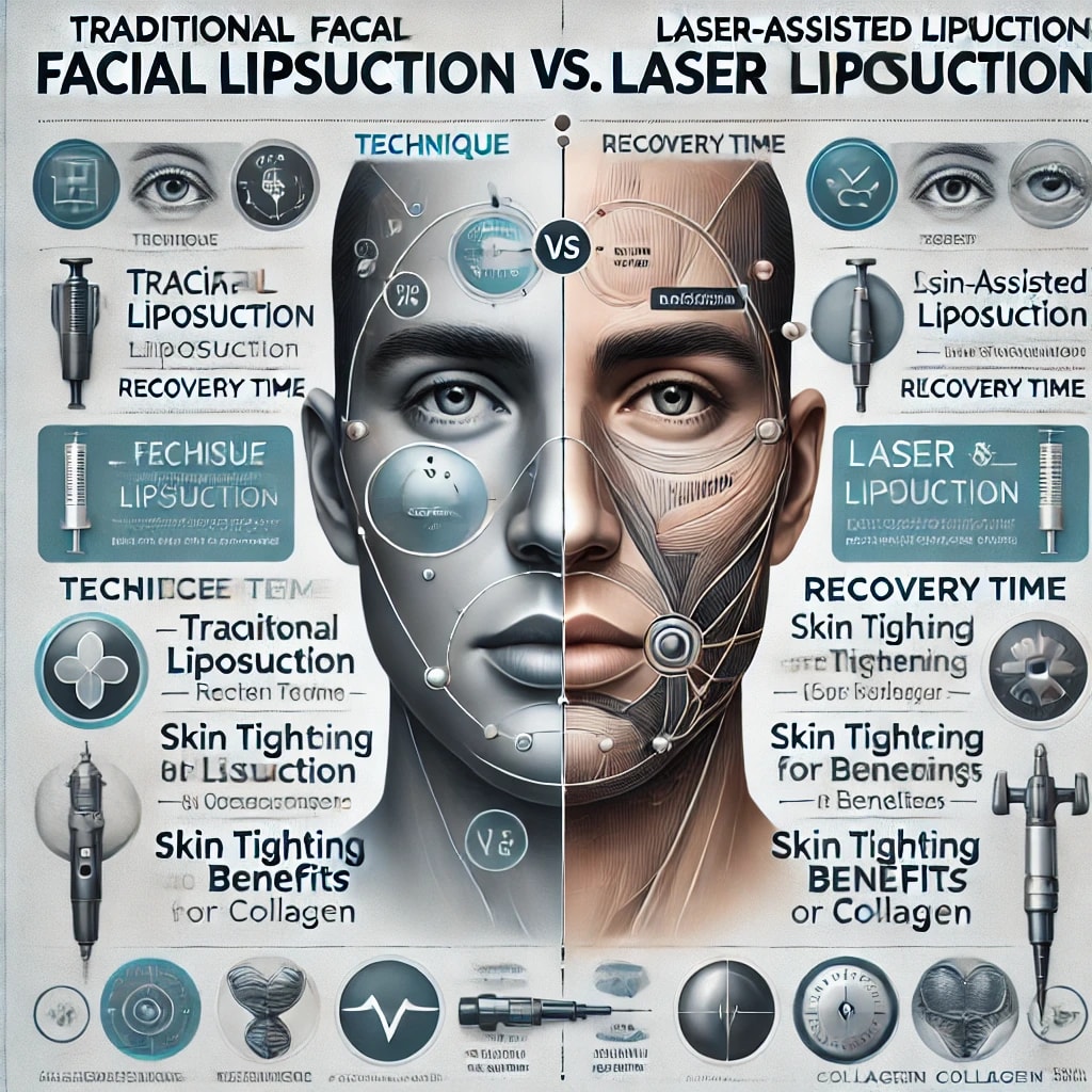 Comparison of traditional facial liposuction vs. laser-assisted liposuction.