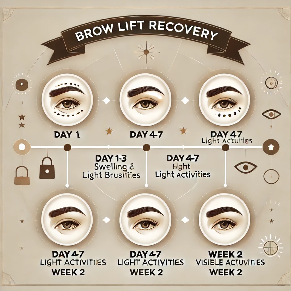 Brow lift recovery timeline chart from surgery day to two weeks post-op.