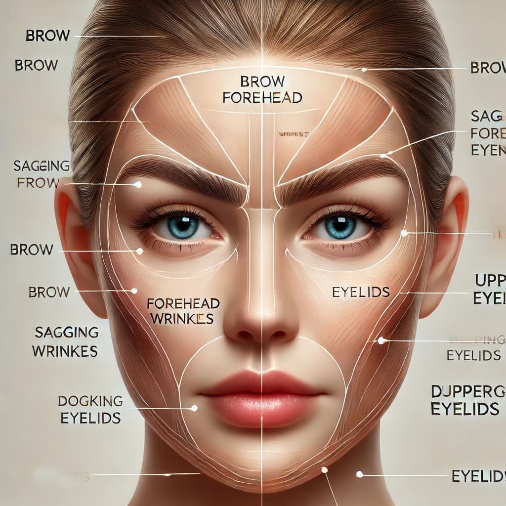 Facial anatomy showing brow lift target areas. 