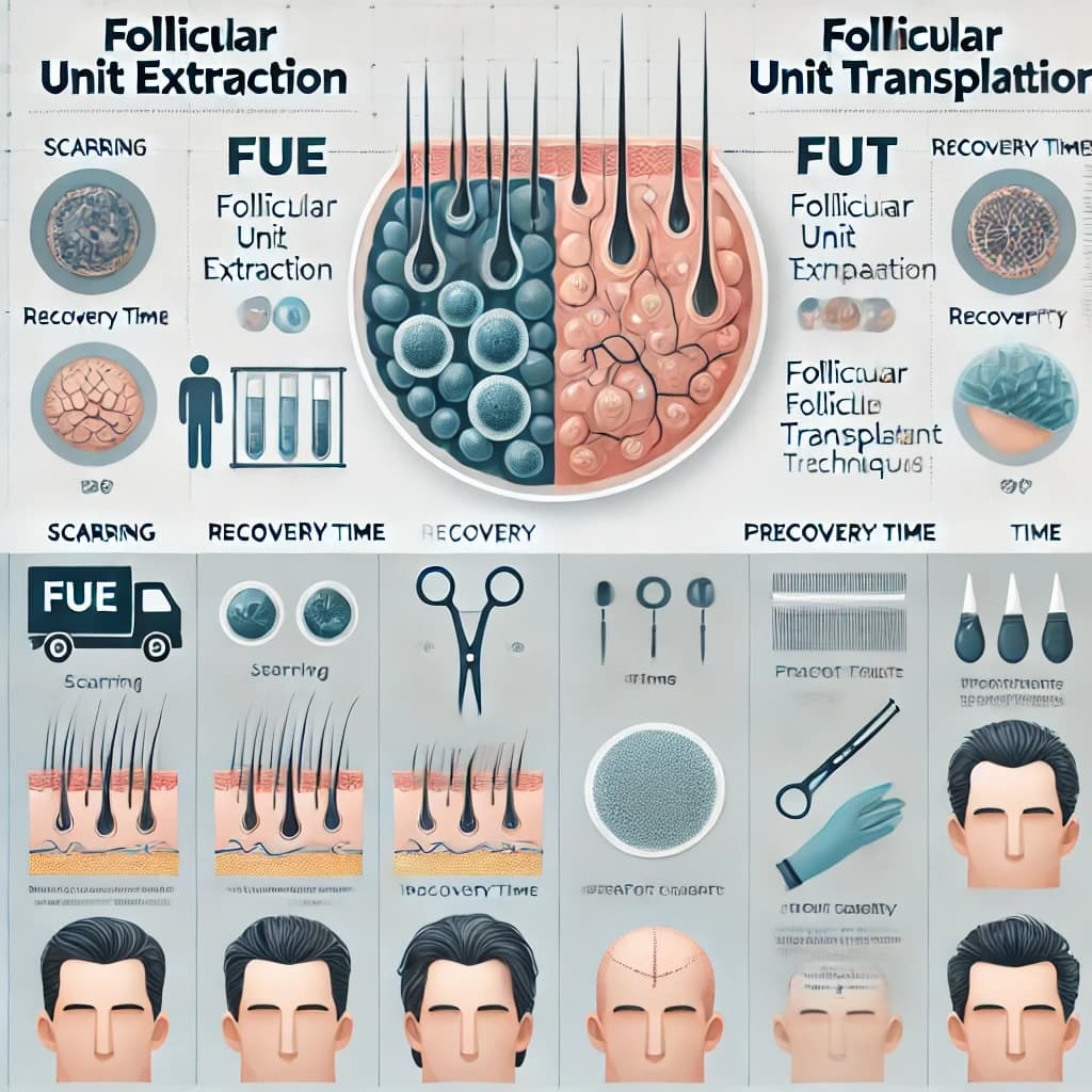 FUE and FUT techniques for hair transplants. 