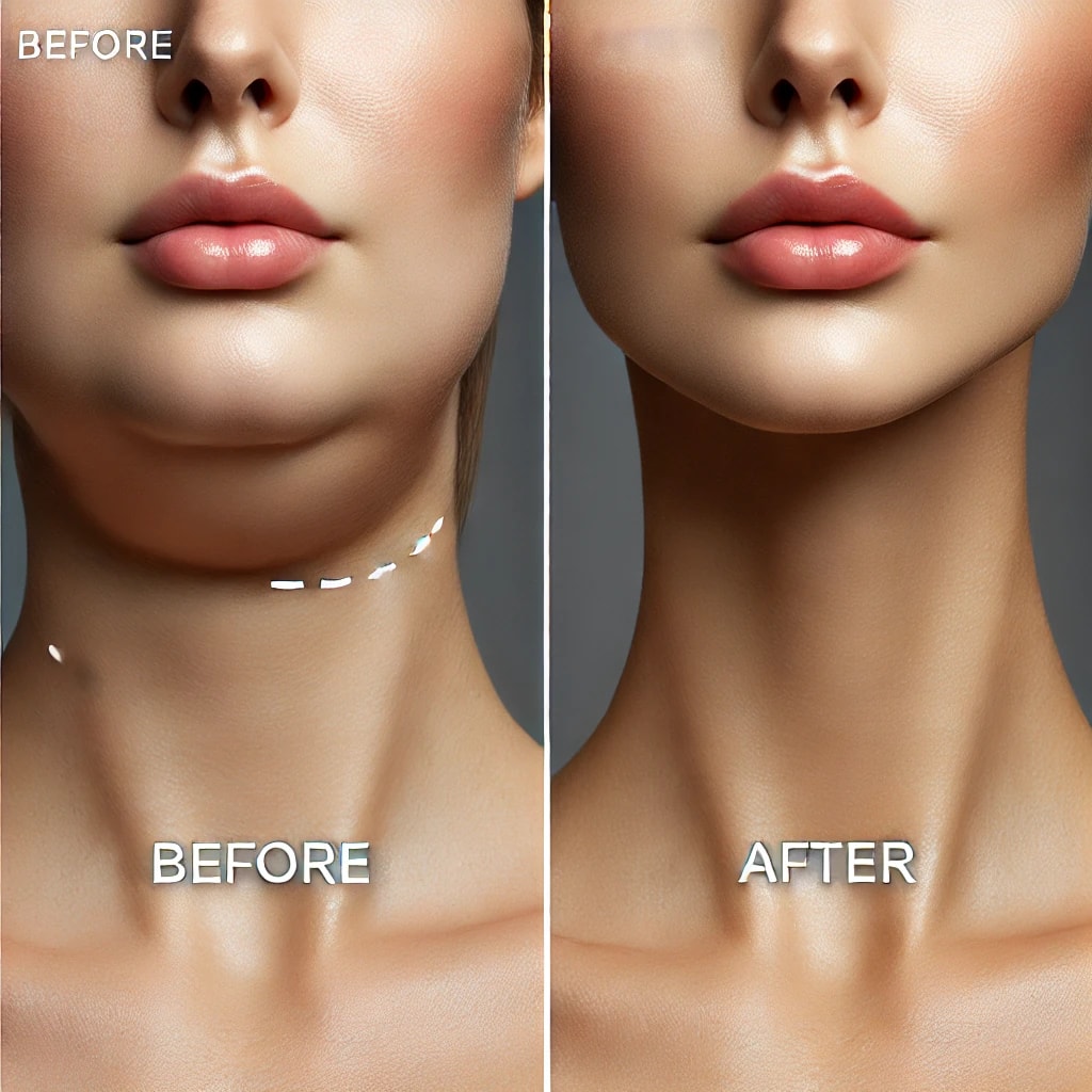 Before-and-after comparison image of a patient who underwent facial liposuction.