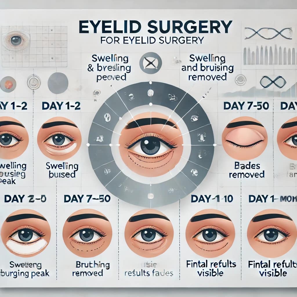 The recovery timeline for eyelid surgery. 