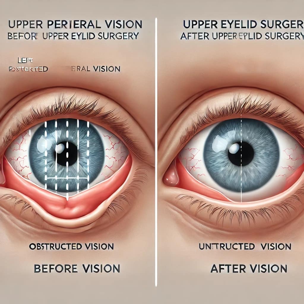 A comparison of peripheral vision before and after upper eyelid surgery.